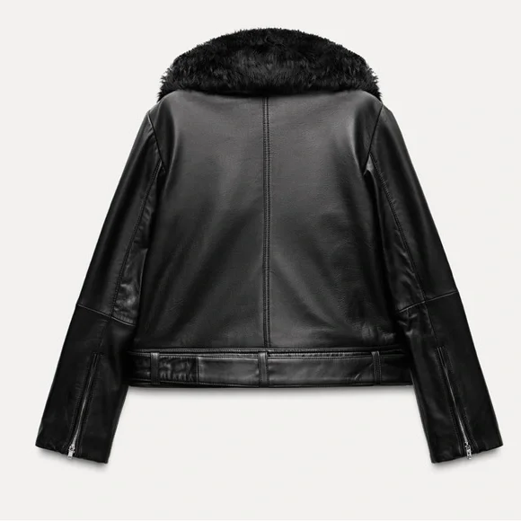 ZARA 100% LEATHER JACKET ZW COLLECTION 5479/263 BLACK FAUX FUR